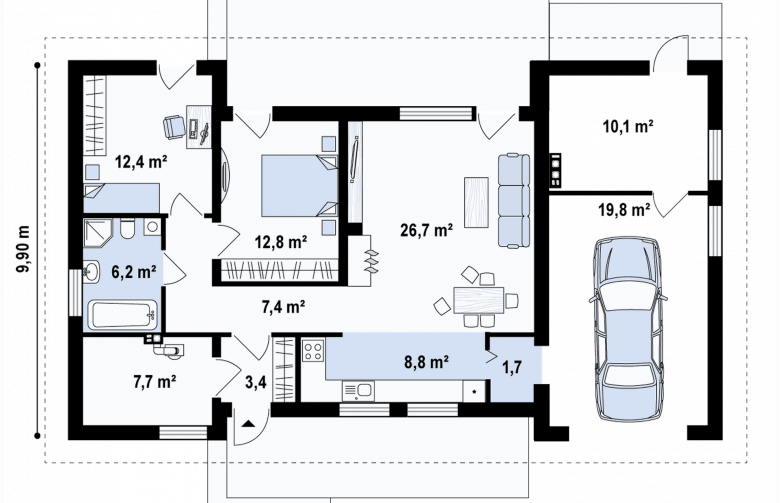 Projekt domu parterowego Z261 GP - rzut parteru