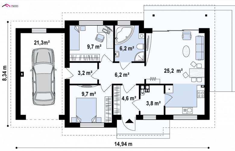 Projekt domu parterowego Z262 GL - rzut parteru