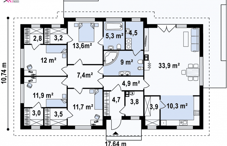 Projekt domu parterowego Z310 - rzut parteru