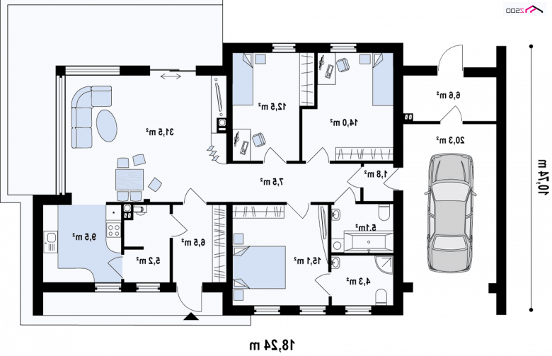 Projekt domu parterowego Zx35 GL - rzut parteru