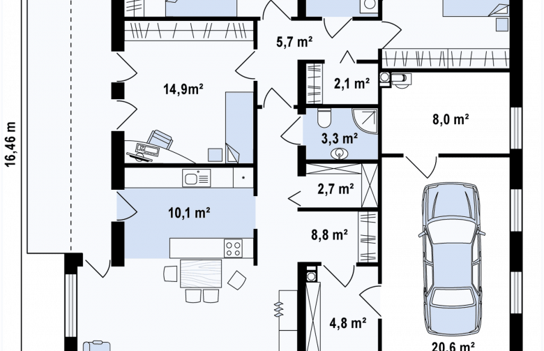 Projekt domu parterowego Zx49 - - rzut parteru