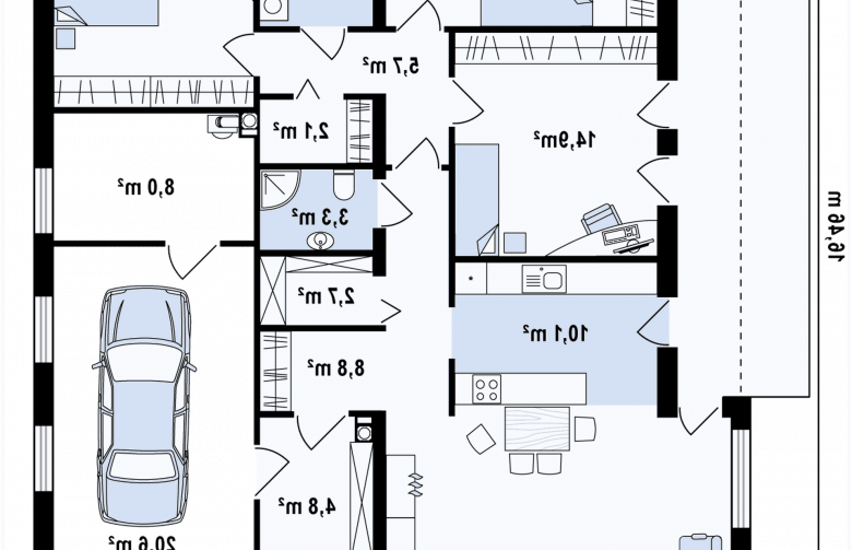 Projekt domu parterowego Zx49 - - rzut parteru