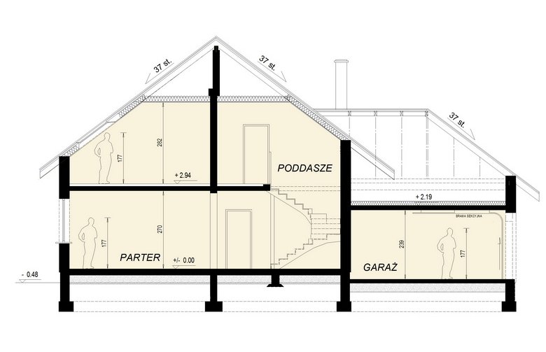 Projekt domu wielorodzinnego DJ 005b - przekrój 1