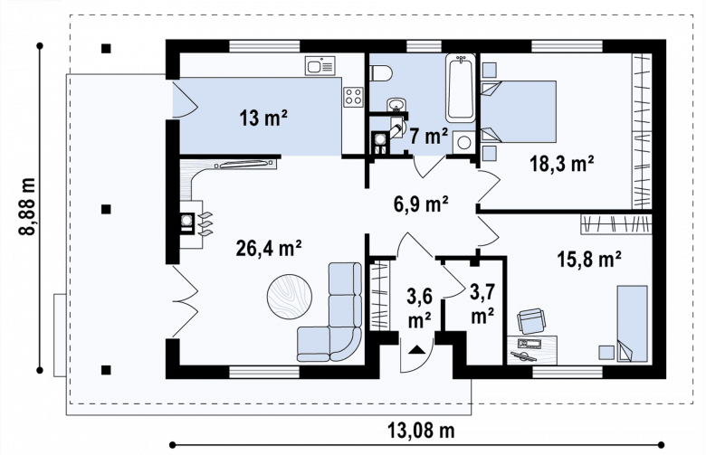 Projekt domu parterowego Z55 v2 - 