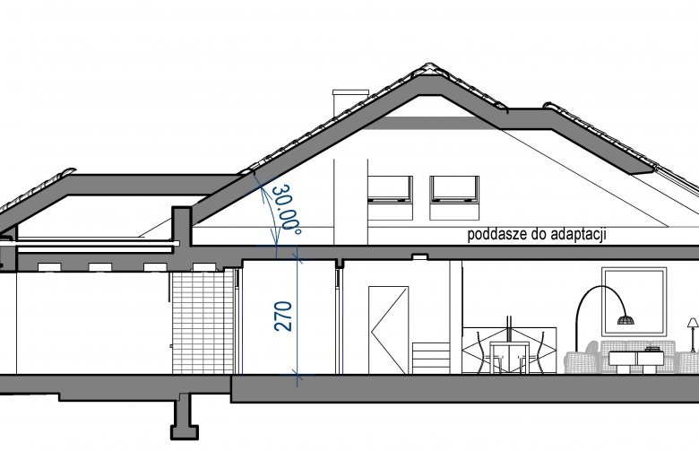 Projekt domu z poddaszem Domidea 2d - przekrój 1