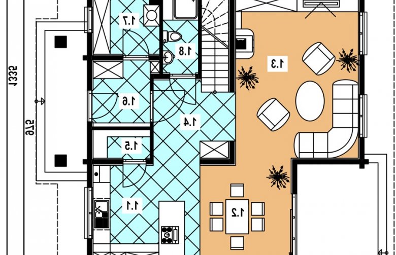 Projekt domu jednorodzinnego A-132 Szkielet  - parter