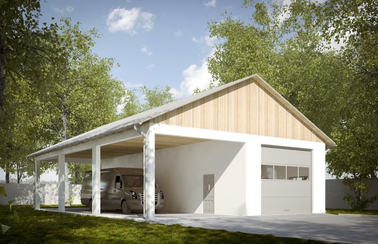 Projekt domu energooszczędnego G222 - Budynek garażowy z wiatą