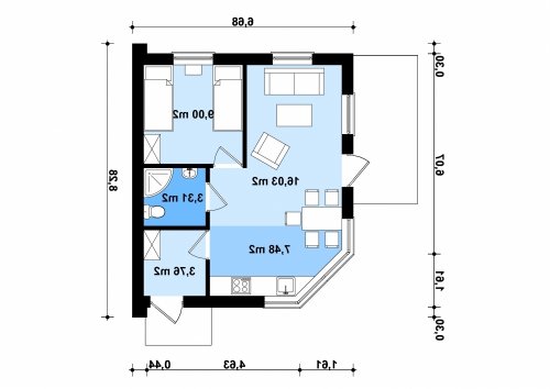 Rzut projektu G266 - Budynek letniskowy - wersja lustrzana