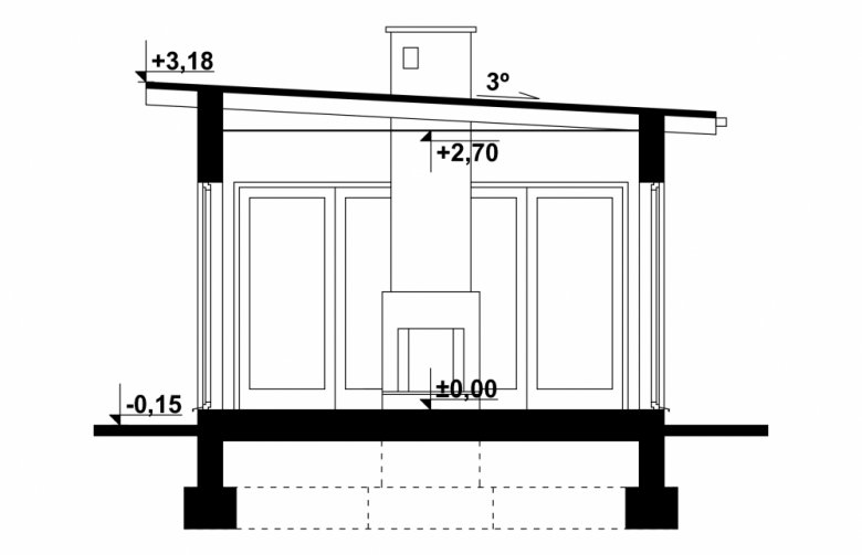 Projekt domu letniskowego G181 - Budynek rekreacyjny - przekrój 1