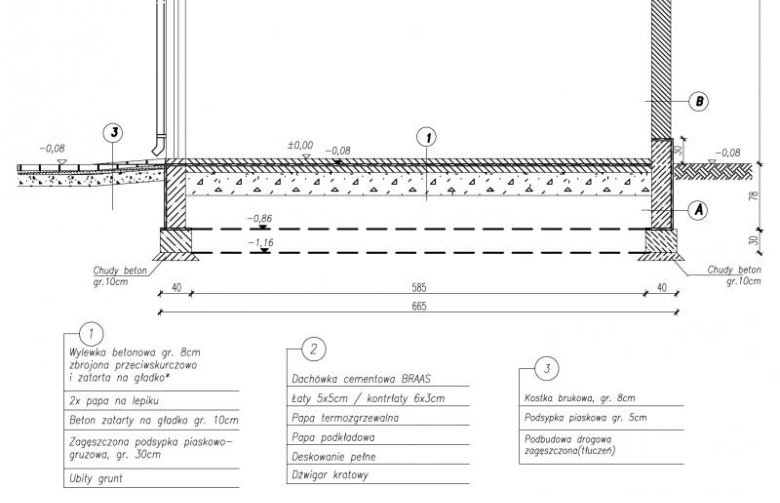 Projekt budynku gospodarczego G39 garaż jednostanowiskowy z wiatą rekreacyjną - przekrój 1