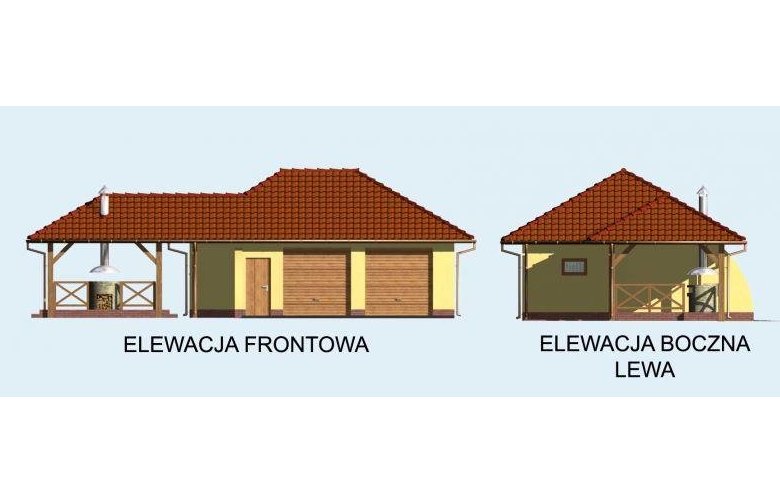 Projekt budynku gospodarczego G54 garaż dwustanowiskowy z pomieszczeniem gospodarczym i składem na drewno kominkowe  - elewacja 1