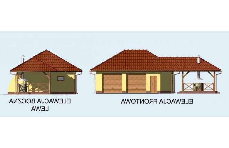 Projekt budynku gospodarczego G54 garaż dwustanowiskowy z pomieszczeniem gospodarczym i składem na drewno kominkowe  - elewacja 1