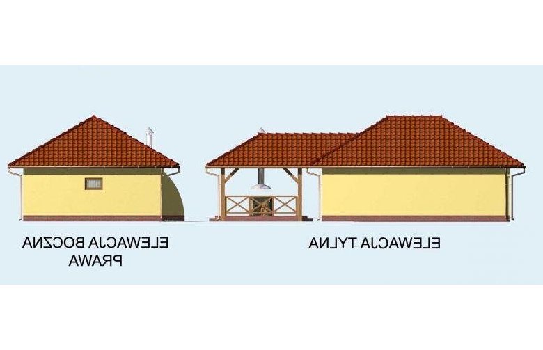 Projekt budynku gospodarczego G54 garaż dwustanowiskowy z pomieszczeniem gospodarczym i składem na drewno kominkowe  - elewacja 2