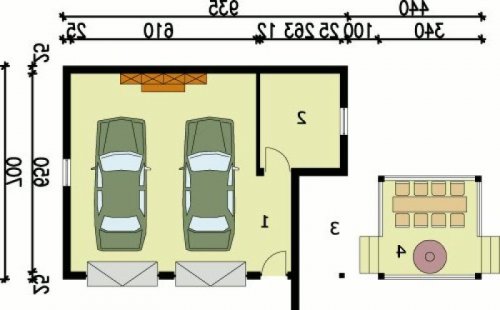 PRZYZIEMIE G54 garaż dwustanowiskowy z pomieszczeniem gospodarczym i składem na drewno kominkowe  - wersja lustrzana