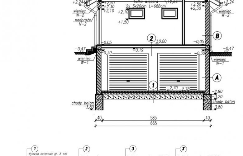 Projekt budynku gospodarczego G69 garaż dwustanowiskowy podziemny - przekrój 1