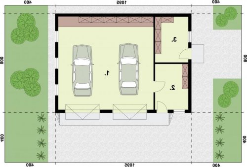 RZUT PRZYZIEMIA G198 garaż dwustanowiskowy z pomieszczeniem gospodarczym - wersja lustrzana