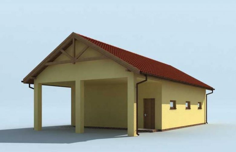 Projekt budynku gospodarczego G210 garaż dwustanowiskowy z pomieszczeniami gospodarczymi i wiatą