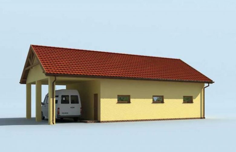 Projekt budynku gospodarczego G210 garaż dwustanowiskowy z pomieszczeniami gospodarczymi i wiatą
