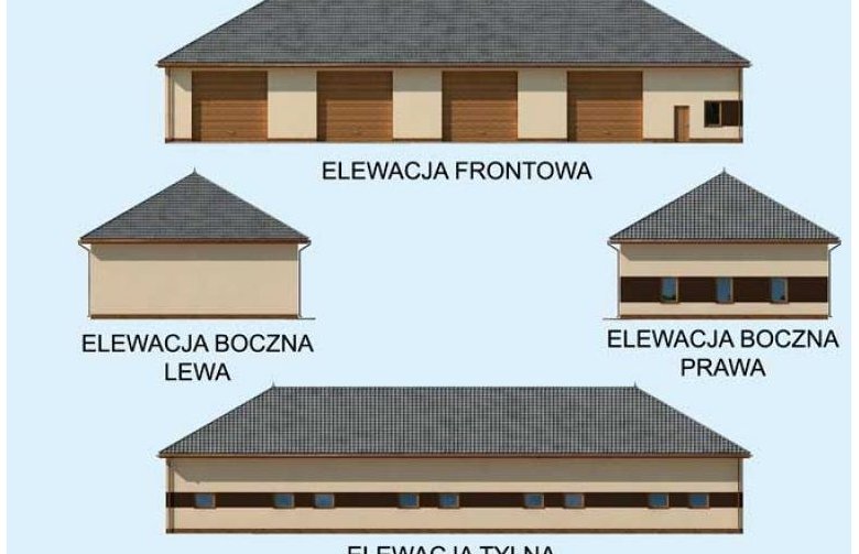 Projekt budynku gospodarczego G223 garaż czterostanowiskowy z pomieszczeniami gospodarczymi - elewacja 1