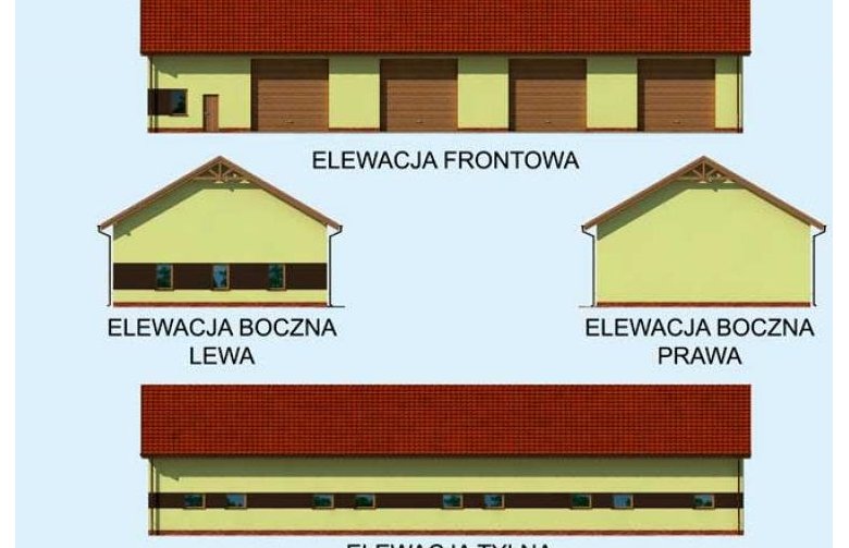 Projekt budynku gospodarczego G221 garaż czterostanowiskowy z pomieszczeniami gospodarczymi - elewacja 1