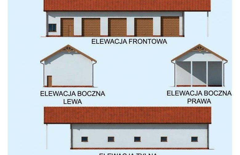 Projekt budynku gospodarczego G225 garaż czterostanowiskowy z pomieszczeniami gospodarczymi - elewacja 1