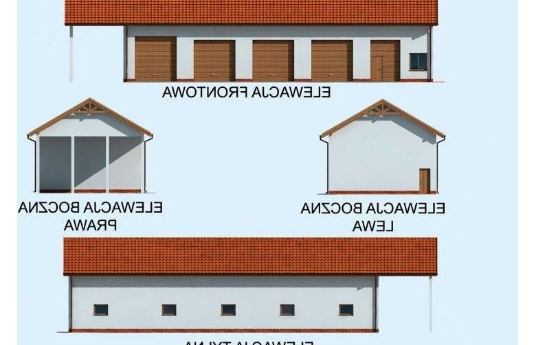 Projekt budynku gospodarczego G225 garaż czterostanowiskowy z pomieszczeniami gospodarczymi - elewacja 1