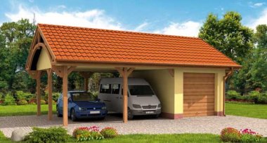 Projekt domu G244 garaż jednostanowiskowy z wiatą dwustanowiskową