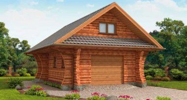 Projekt domu G4 z bali drewnianych, garaż jednostanowiskowy z poddaszem
