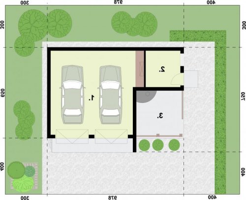 RZUT PRZYZIEMIA G255  garaż dwustanowiskowy z pomieszczeniem gospodarczym i altaną - wersja lustrzana