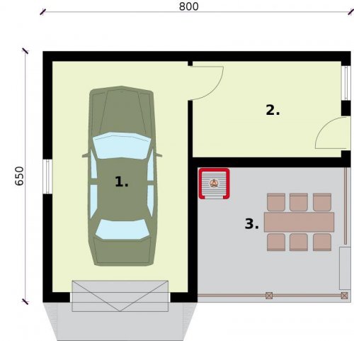 RZUT PRZYZIEMIA G264A garaż jednostanowiskowy z pomieszczeniem gospodarczym i werandą