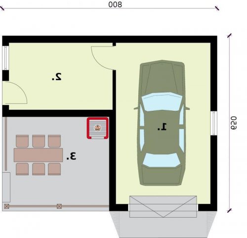 RZUT PRZYZIEMIA G264A garaż jednostanowiskowy z pomieszczeniem gospodarczym i werandą - wersja lustrzana