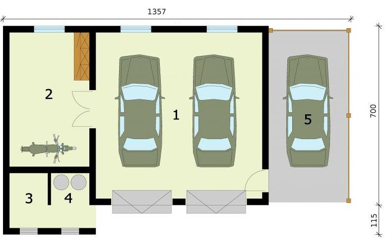 Projekt budynku gospodarczego G281 garaż dwustanowiskowy z pomieszczeniem gospodarczym i wiatą - rzut przyziemia