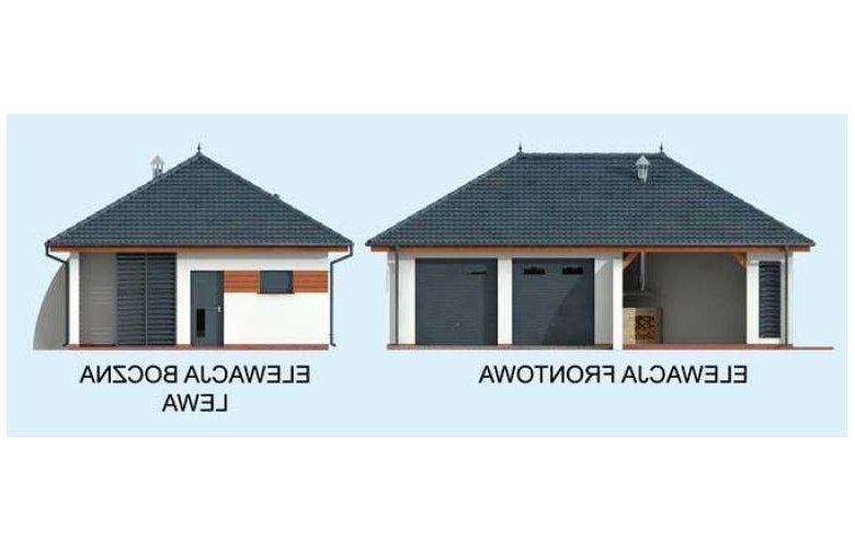 Projekt garażu G315 dwustanowiskowy z pomieszczeniem gospodarczym i altaną - elewacja 1