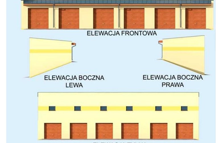 Projekt budynku gospodarczego G317 wielostanowiskowy, dwupoziomowy - elewacja 1