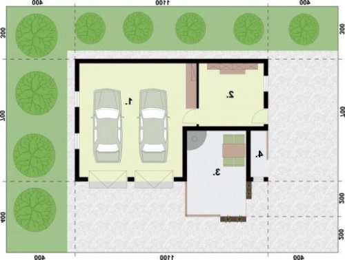 RZUT PRZYZIEMIA G321 garaż dwustanowiskowy z pomieszczeniem gospodarczym i altaną - wersja lustrzana