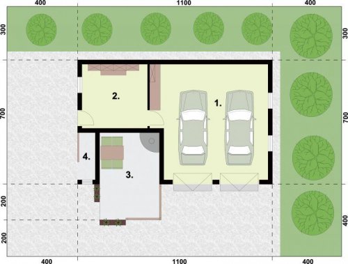 RZUT PRZYZIEMIA G321 garaż dwustanowiskowy z pomieszczeniem gospodarczym i altaną