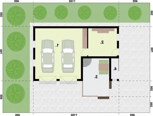 RZUT PRZYZIEMIA G321 garaż dwustanowiskowy z pomieszczeniem gospodarczym i altaną - wersja lustrzana