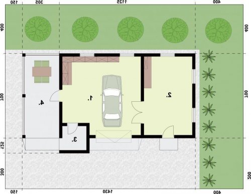 RZUT PRZYZIEMIA G323 garaż jednostanowiskowy z wiatą - wersja lustrzana