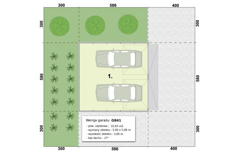 Projekt garażu GB41 projekt garażu blaszanego dwustanowiskowego - rzut przyziemia