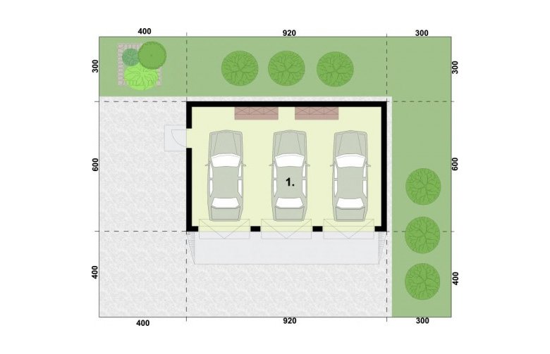 Projekt garażu G305 garaż trzystanowiskowy - rzut przyziemia