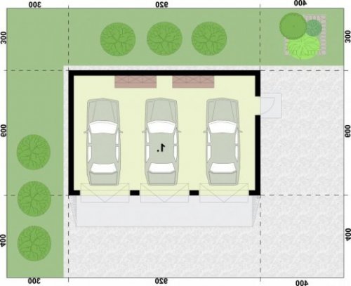 RZUT PRZYZIEMIA G305 garaż trzystanowiskowy - wersja lustrzana