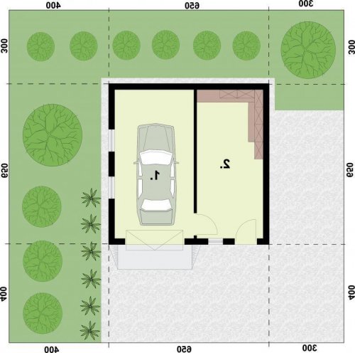 RZUT PRZYZIEMIA G73B jednostanowiskowy z pomieszczeniem gospodarczym - wersja lustrzana