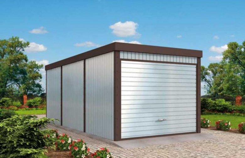 Projekt garażu GB60 projekt garażu blaszanego jednostanowiskowego z pomieszczeniem gospodarczym i wiatą