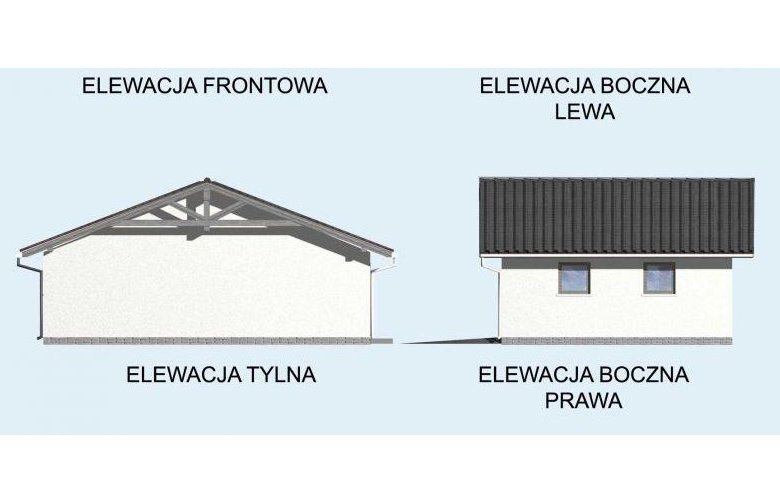 Projekt budynku gospodarczego G5 szkielet drewniany, garaż trzystanowiskowy - elewacja 2