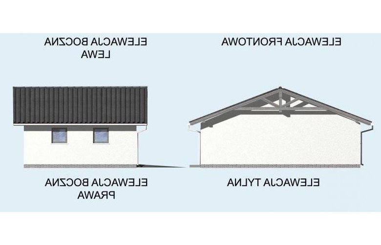 Projekt budynku gospodarczego G5 szkielet drewniany, garaż trzystanowiskowy - elewacja 2