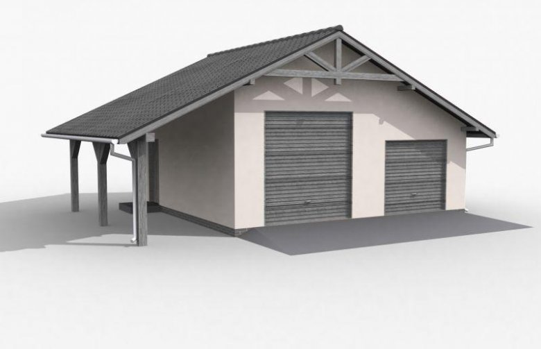 Projekt garażu G6 szkielet drewniany, garaż dwustanowiskowy z wiatą garażową jednostanowiskową