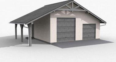 Projekt domu G6 szkielet drewniany, garaż dwustanowiskowy z wiatą garażową jednostanowiskową