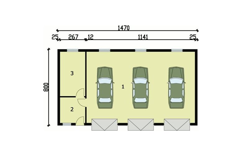 Projekt garażu G38 szkielet drewniany, garaż trzystanowiskowy z pomieszczeniami gospodarczymi - rzut przyziemia