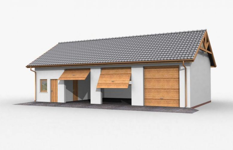 Projekt budynku gospodarczego G38 szkielet drewniany, garaż trzystanowiskowy z pomieszczeniami gospodarczymi
