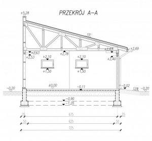 Przekrój projektu G97 szkielet drewniany, garaż dwustanowiskowy